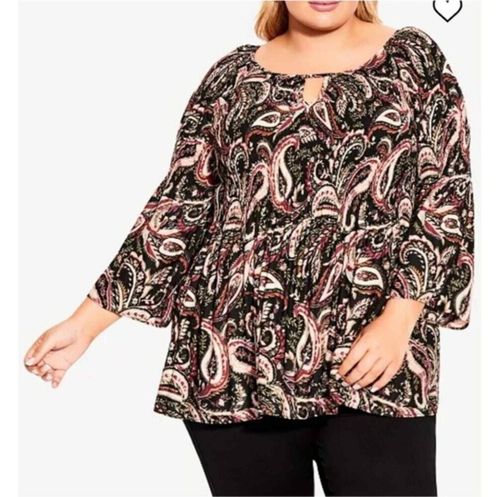 Avenue Womens Paisley Smocked Tunic Top Black Pink‎ Bell Sleeve Keyhole Blouse